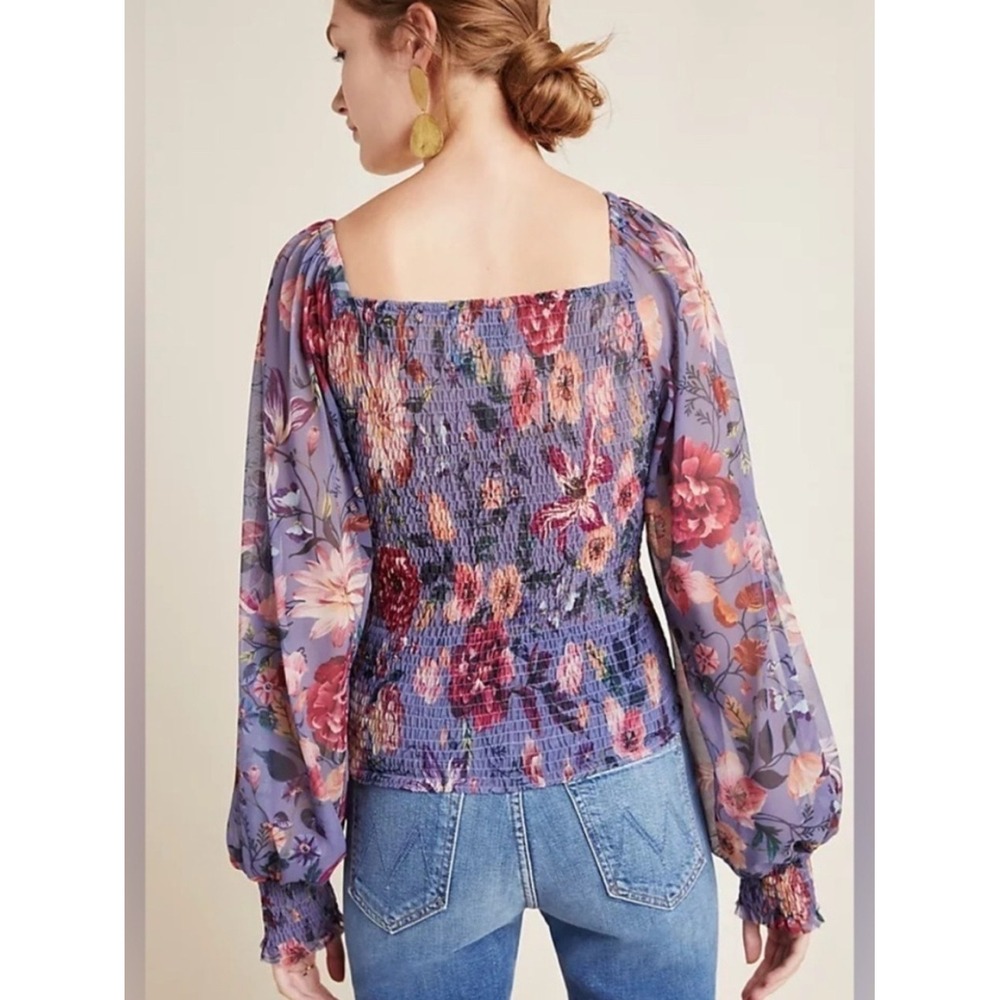 Anthropologie Floral Off-Shoulder Smocked Puff-Sleeve Top - Lavender - Picture 2 of 9